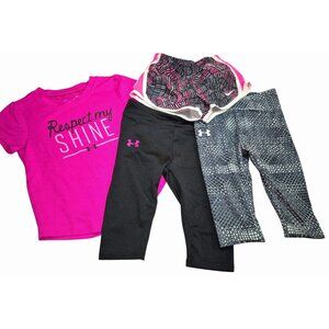 Under Armour Girls 24m Activewear Set Includes Pink Tee Black Patterned Leggings